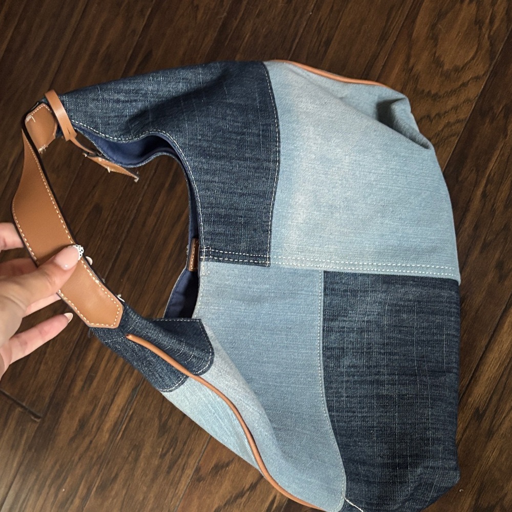 True Religion Patchwork Denim Shoulder Bag in Light & Dark Blue with Tan Strap - Picture 2 of 2